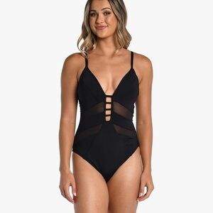 AMAVI Women's Standard Plunge One Piece Swimsuit medium black v neck sheer #360